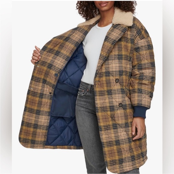 NWT Levi's Quilted Cocoon double breasted lined plaid Coat Sherpa collar medium - Picture 5 of 14